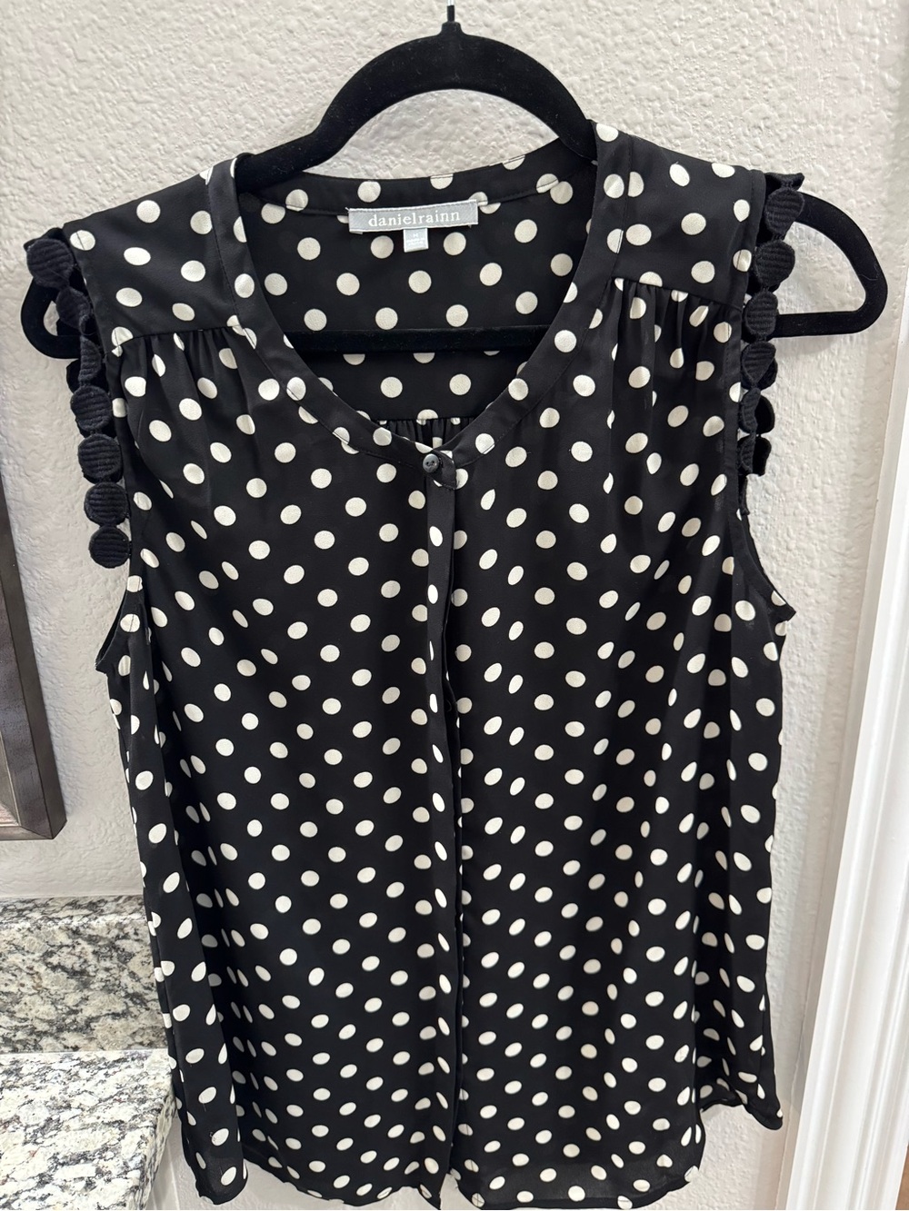 Daniel Rainn Black Cream Polka Dot Pom Pom Trim Blouse Size M